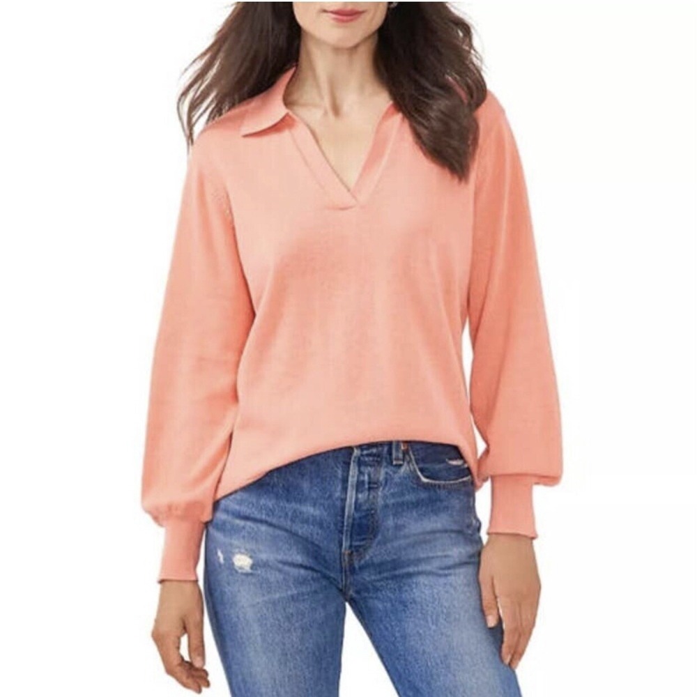 Vince Camuto Coral-Peach V-Neck Collared Sweater